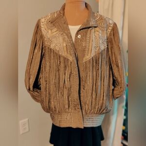 Silk bomber jacket fully pleated  huge pouf sleeves luxury trim matte gold OSFM